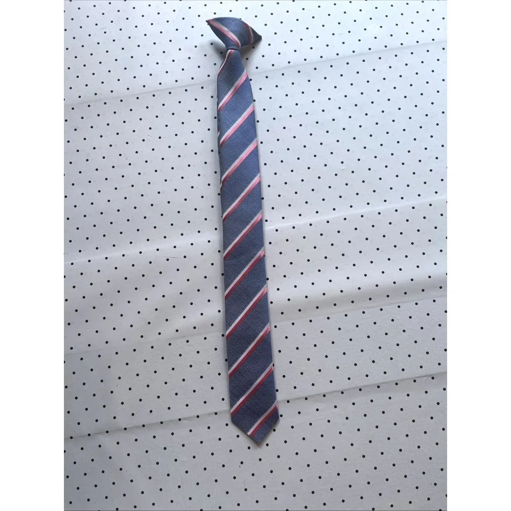 Boys Clip On Tie Blue Pink White Stripe Kids Preppy Wedding Church School